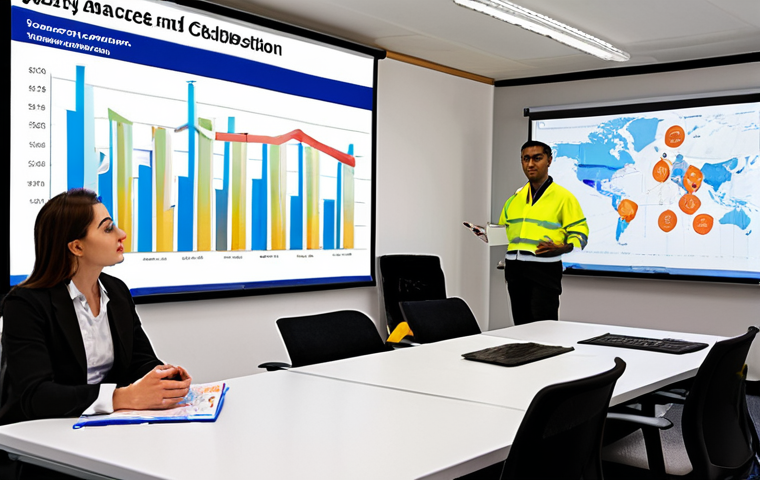 **Prompt for Safety Management Importance**:
"A modern corporate office scene showing a diverse team engaged in a safety training session. Display charts and graphs on a projector illustrating the importance of safety management and risk analysis in reducing workplace accidents. Include elements like safety gear, informative brochures, and a sense of collaboration among employees."