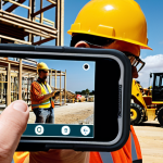 **

Prompt: A construction site with a worker using a smartphone with an augmented reality overlay displaying safety information for a piece of heavy machinery. Other workers are actively reporting potential hazards anonymously using a mobile app. The scene emphasizes proactive hazard identification and technology integration. The style should be realistic and modern, showcasing a commitment to safety.

**