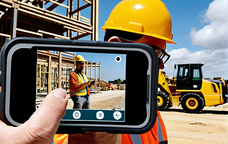 **
Prompt: A construction site with a worker using a smartphone with an augmented reality overlay displaying safety information for a piece of heavy machinery. Other workers are actively reporting potential hazards anonymously using a mobile app. The scene emphasizes proactive hazard identification and technology integration. The style should be realistic and modern, showcasing a commitment to safety.
**
