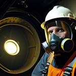 **A confined space entry scene:** A worker in full safety gear (harness, respirator) entering a dark, metallic tank, illuminated by a work light. A trained standby person is visible outside the tank, monitoring equipment. Emphasize the potential dangers with subtle visual cues (shadows, slight haze). The scene should convey a sense of caution and preparedness. Consider a style reminiscent of industrial photography, focusing on detail and realism.