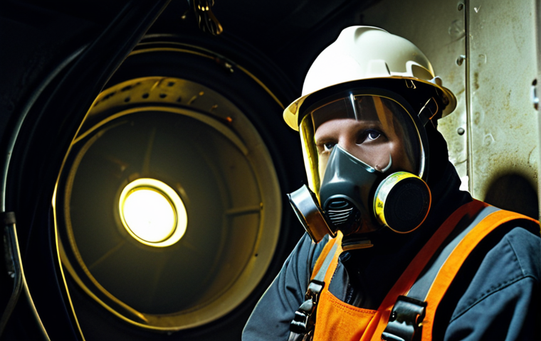 **A confined space entry scene:** A worker in full safety gear (harness, respirator) entering a dark, metallic tank, illuminated by a work light. A trained standby person is visible outside the tank, monitoring equipment. Emphasize the potential dangers with subtle visual cues (shadows, slight haze). The scene should convey a sense of caution and preparedness. Consider a style reminiscent of industrial photography, focusing on detail and realism.