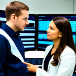 A team of two professional EHS (Environmental, Health, and Safety) analysts, one male and one female, fully clothed in modest professional business attire, standing in a sophisticated industrial control room. Large, high-resolution monitors display complex real-time data visualizations, including environmental sensor readings, safety incident metrics, and predictive risk analytics for an industrial facility. The room is clean, modern, and well-lit. They are engaged in a focused discussion, pointing at specific data points on the screens, demonstrating collaborative analysis of integrated safety and environmental information. perfect anatomy, correct proportions, natural pose, well-formed hands, proper finger count, natural body proportions, professional photography, high quality, studio lighting, safe for work, appropriate content, fully clothed, professional, family-friendly.