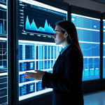 A professional safety engineer, fully clothed in a modest, dark business suit over a collared shirt, stands in a sophisticated industrial control room. She is looking intently at a large, transparent holographic display showing dynamic graphs, real-time sensor data, and predictive risk indicators, illuminated by soft blue light. The background features blurred modern server racks and a glimpse of a factory floor through a large window. The atmosphere is focused and high-tech, showcasing the power of AI in proactive safety. safe for work, appropriate content, fully clothed, professional, perfect anatomy, correct proportions, natural pose, well-formed hands, proper finger count, natural body proportions, professional photography, high quality.
