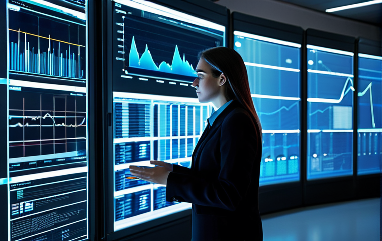 A professional safety engineer, fully clothed in a modest, dark business suit over a collared shirt, stands in a sophisticated industrial control room. She is looking intently at a large, transparent holographic display showing dynamic graphs, real-time sensor data, and predictive risk indicators, illuminated by soft blue light. The background features blurred modern server racks and a glimpse of a factory floor through a large window. The atmosphere is focused and high-tech, showcasing the power of AI in proactive safety. safe for work, appropriate content, fully clothed, professional, perfect anatomy, correct proportions, natural pose, well-formed hands, proper finger count, natural body proportions, professional photography, high quality.