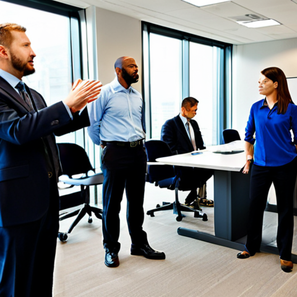 Office Safety Awareness**
A diverse group of office workers participating in a safety training session, fully clothed, appropriate attire, in a modern office conference room, learning about slip, trip, and fall prevention, safe for work, professional setting, perfect anatomy, natural proportions, well-lit, high quality, family-friendly.
**