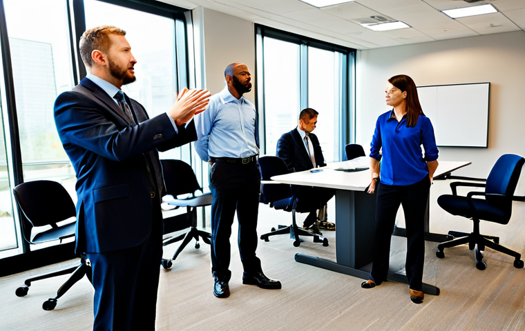 Office Safety Awareness**

A diverse group of office workers participating in a safety training session, fully clothed, appropriate attire, in a modern office conference room, learning about slip, trip, and fall prevention, safe for work, professional setting, perfect anatomy, natural proportions, well-lit, high quality, family-friendly.

**