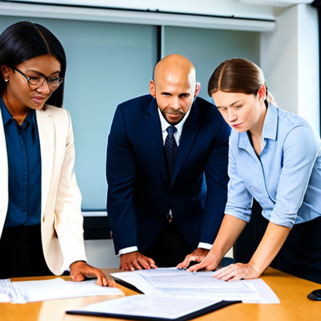 "A diverse team of professionals in a modern office setting reviewing safety protocols, fully clothed in appropriate business attire, safe for work, perfect anatomy, natural proportions, professional environment, well-lit, family-friendly, modest dress, emphasizing teamwork and collaboration, appropriate content."
