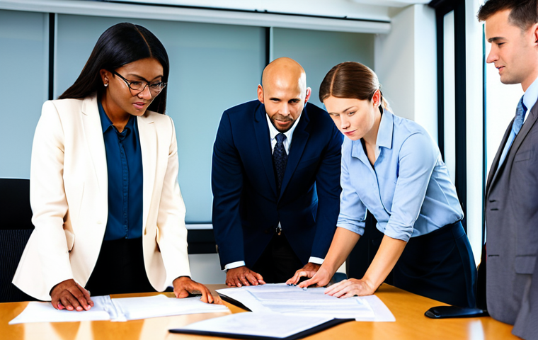 "A diverse team of professionals in a modern office setting reviewing safety protocols, fully clothed in appropriate business attire, safe for work, perfect anatomy, natural proportions, professional environment, well-lit, family-friendly, modest dress, emphasizing teamwork and collaboration, appropriate content."