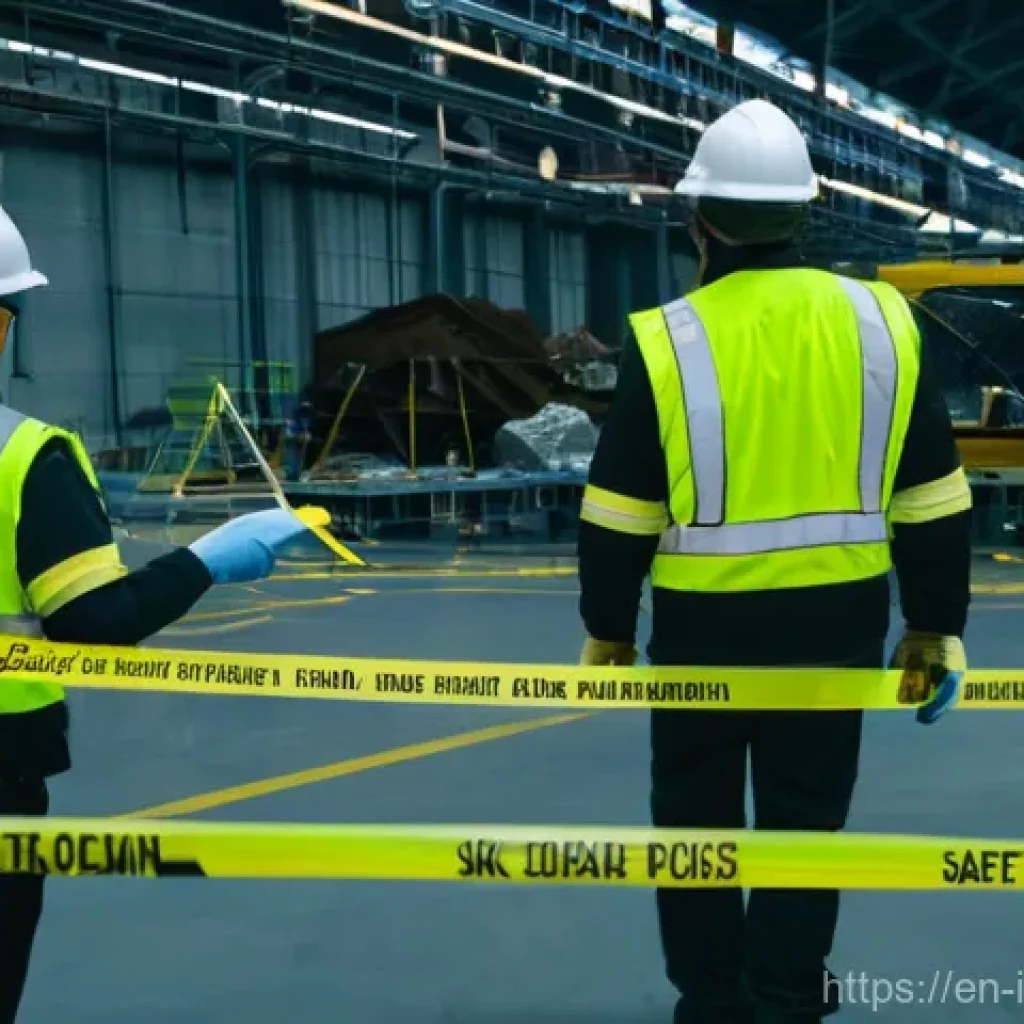 산업재해 조사에서의 시간 관리 비법 - A professional, wide-angle shot of an industrial accident scene being meticulously secured. Yellow a...