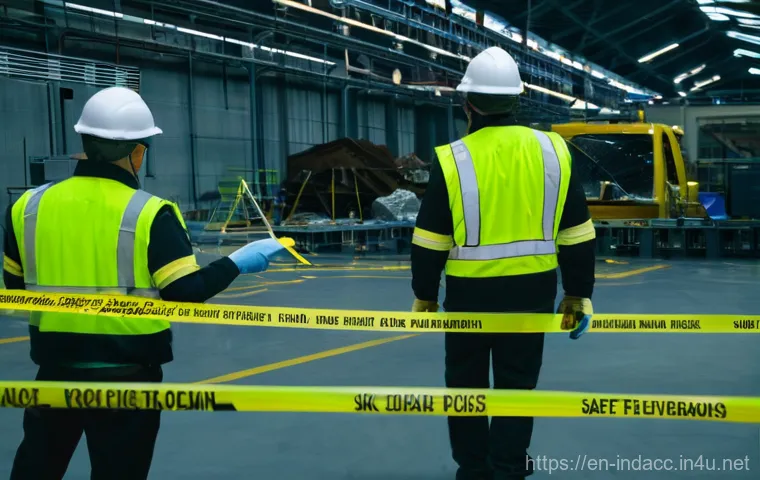 산업재해 조사에서의 시간 관리 비법 - A professional, wide-angle shot of an industrial accident scene being meticulously secured. Yellow a...