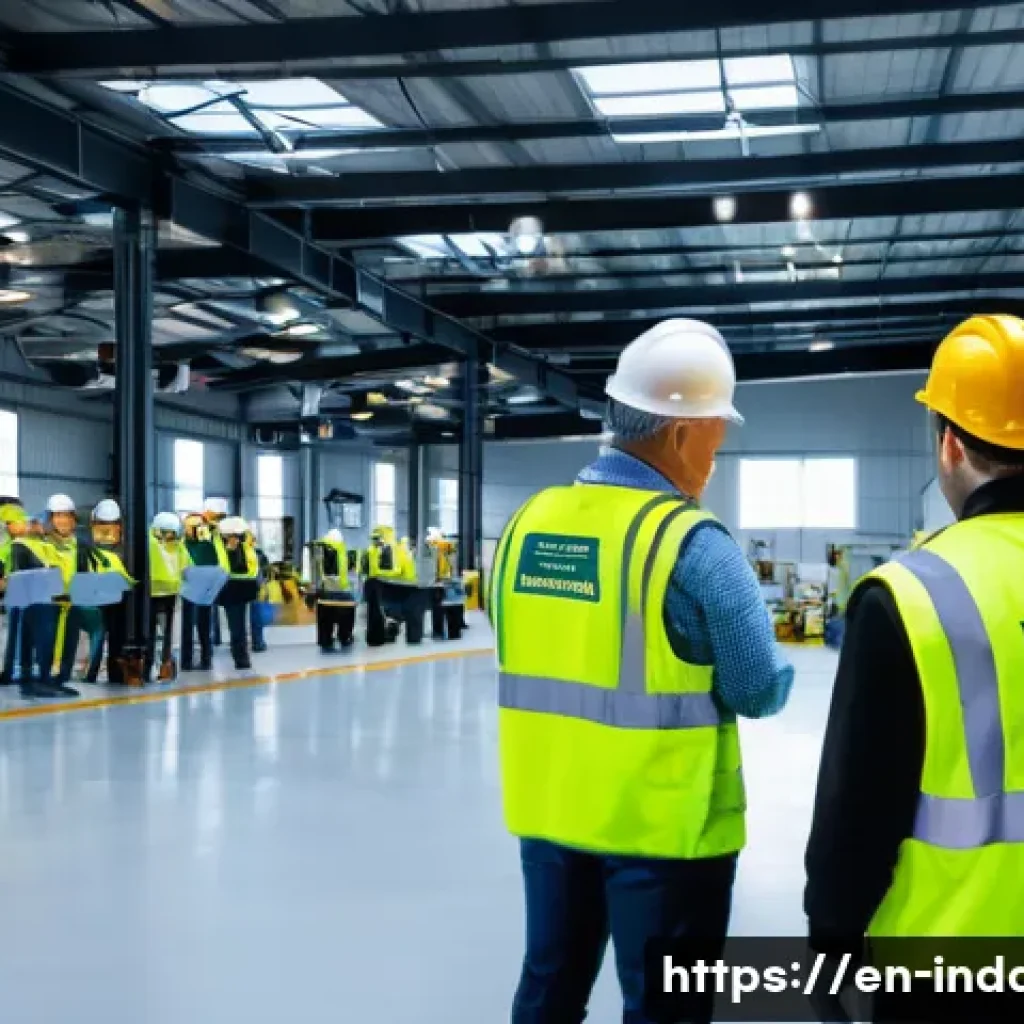 산업재해 분석 보고서 템플릿 - A detailed workplace safety training session in a modern industrial setting, featuring diverse emplo...
