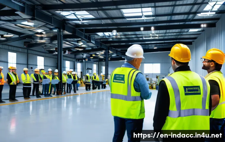 산업재해 분석 보고서 템플릿 - A detailed workplace safety training session in a modern industrial setting, featuring diverse emplo...