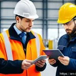 Home 21 산업재해 사고보고서 작성 방법 - A professional office environment showing a safety officer and a supervisor reviewing a detailed acc...