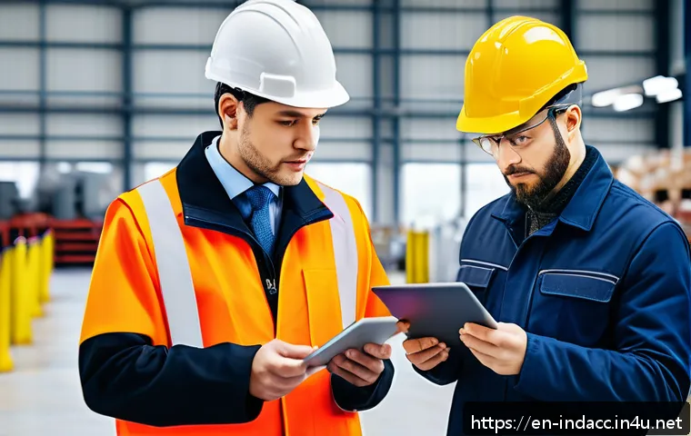 산업재해 사고보고서 작성 방법 - A professional office environment showing a safety officer and a supervisor reviewing a detailed acc...