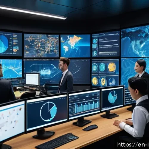 Home 31 산업재해분석 전문가와 협력하는 다른 직업군 - A modern industrial control room with diverse technology experts collaborating around multiple large...