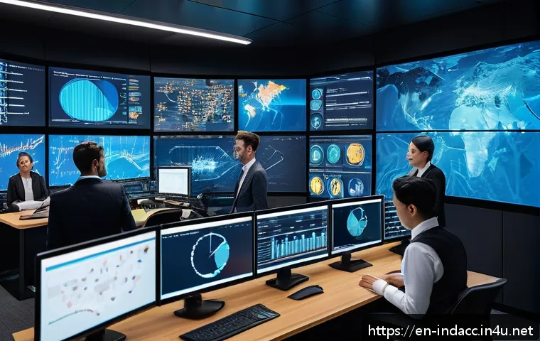 산업재해분석 전문가와 협력하는 다른 직업군 - A modern industrial control room with diverse technology experts collaborating around multiple large...