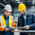 Home 18 산업재해분석 전문가의 실무 인터뷰 사례 - A detailed industrial accident investigation scene inside a modern factory, featuring safety analyst...