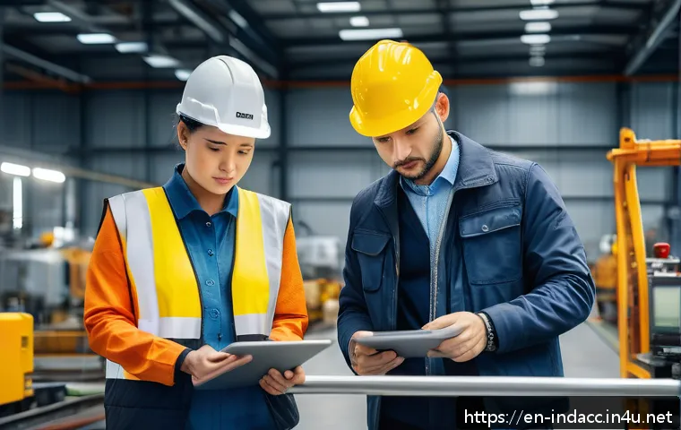 산업재해분석 전문가의 실무 인터뷰 사례 - A detailed industrial accident investigation scene inside a modern factory, featuring safety analyst...
