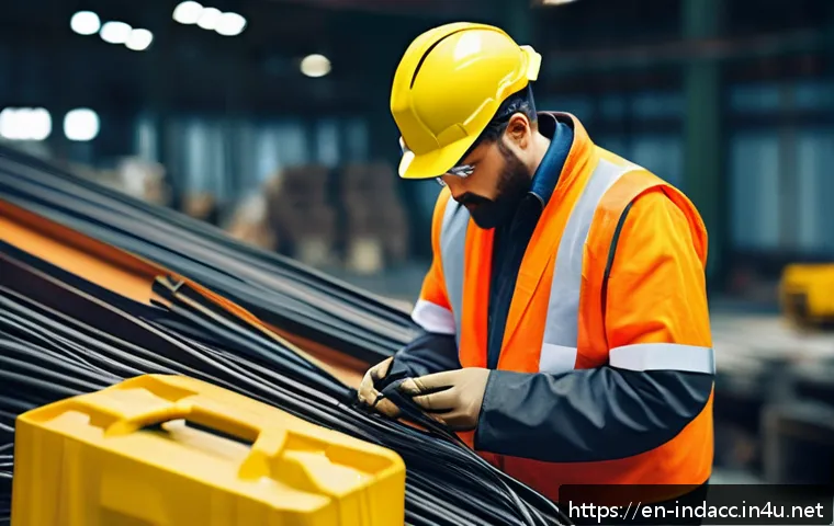 산업재해 현장 조사 기법 - A detailed industrial workplace scene showing an investigator carefully examining a cluttered factor...