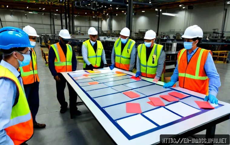 산업재해 대응 프로세스 개선 사례 - Photorealistic workplace safety improvement meeting in a modern American manufacturing facility, div...